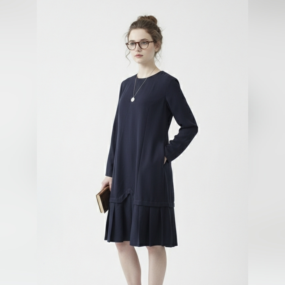 Vintage Jos. A. Bank Dress Navy Blue Shift Classic Peplum Pleated 14